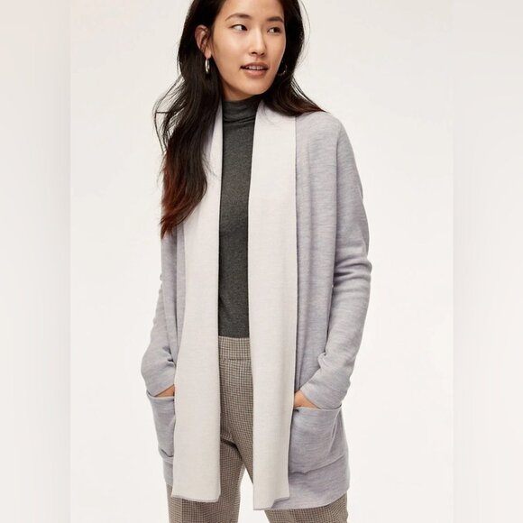 Aritzia Babaton Beekmen Grey Creme Merino Wool Open Cardigan Pockets  XS - Picture 1 of 16